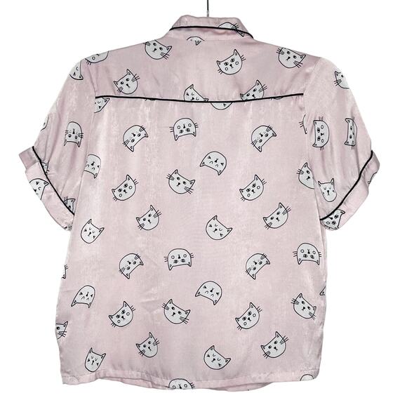 FOREVER 21 Cat Print Pajama Shirt Shorts Set Satin Lightweight Pink Size Small - Picture 8 of 10